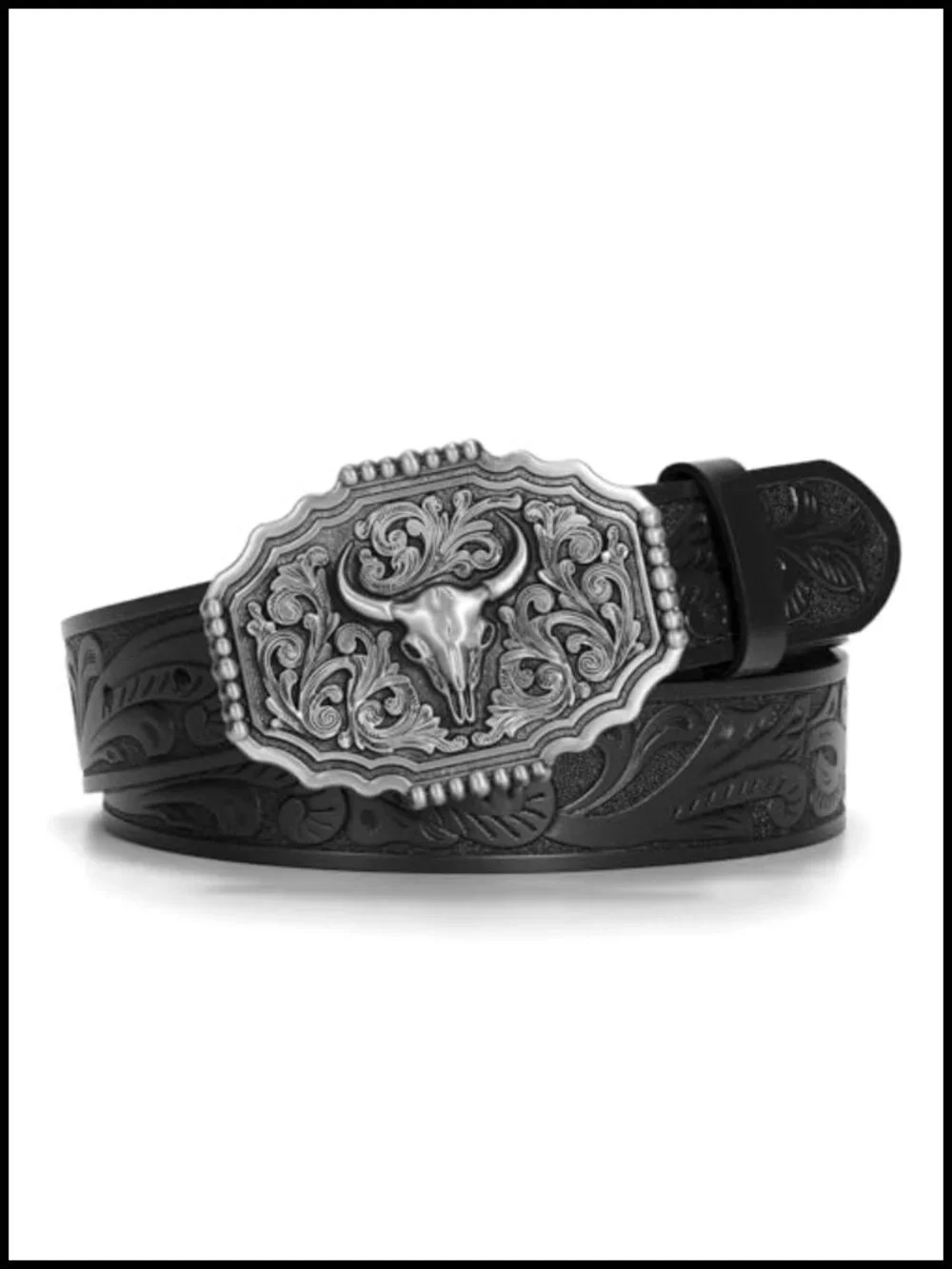 Leather Cowboy Belt for Men Women with Bull Buckle Western Rodeo Style